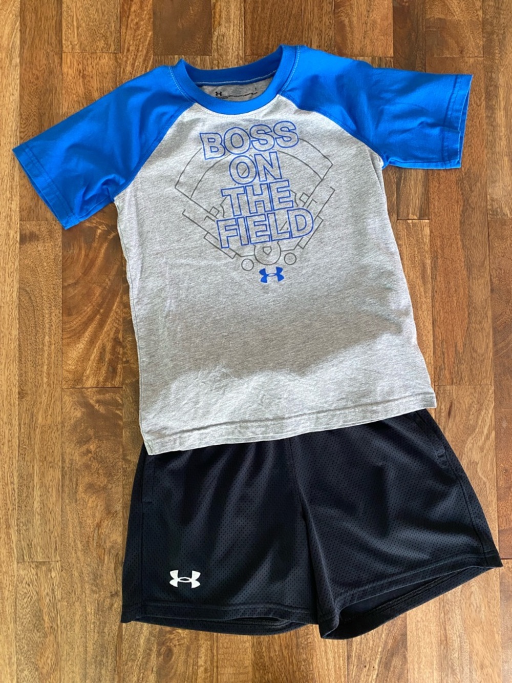 Under Armour Gray & Blue 'Boss on the Field' Short Sleeve Tee and Black Shorts